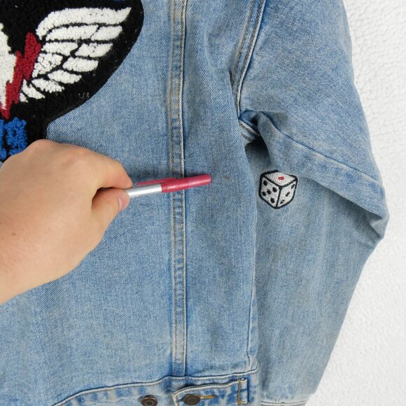 Vintage Jean Jacket Womens Medium Blue Denim Patches Racing Moto 90s - Picture 13 of 13